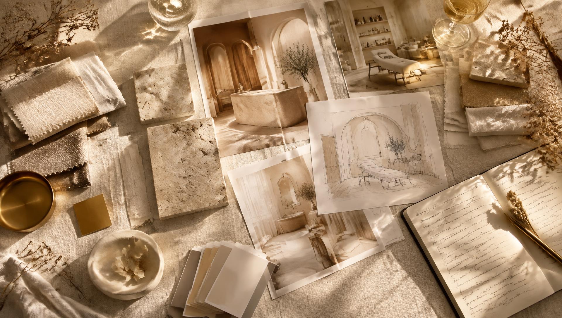 Moodboard mit Materialproben und Studio-Skizzen